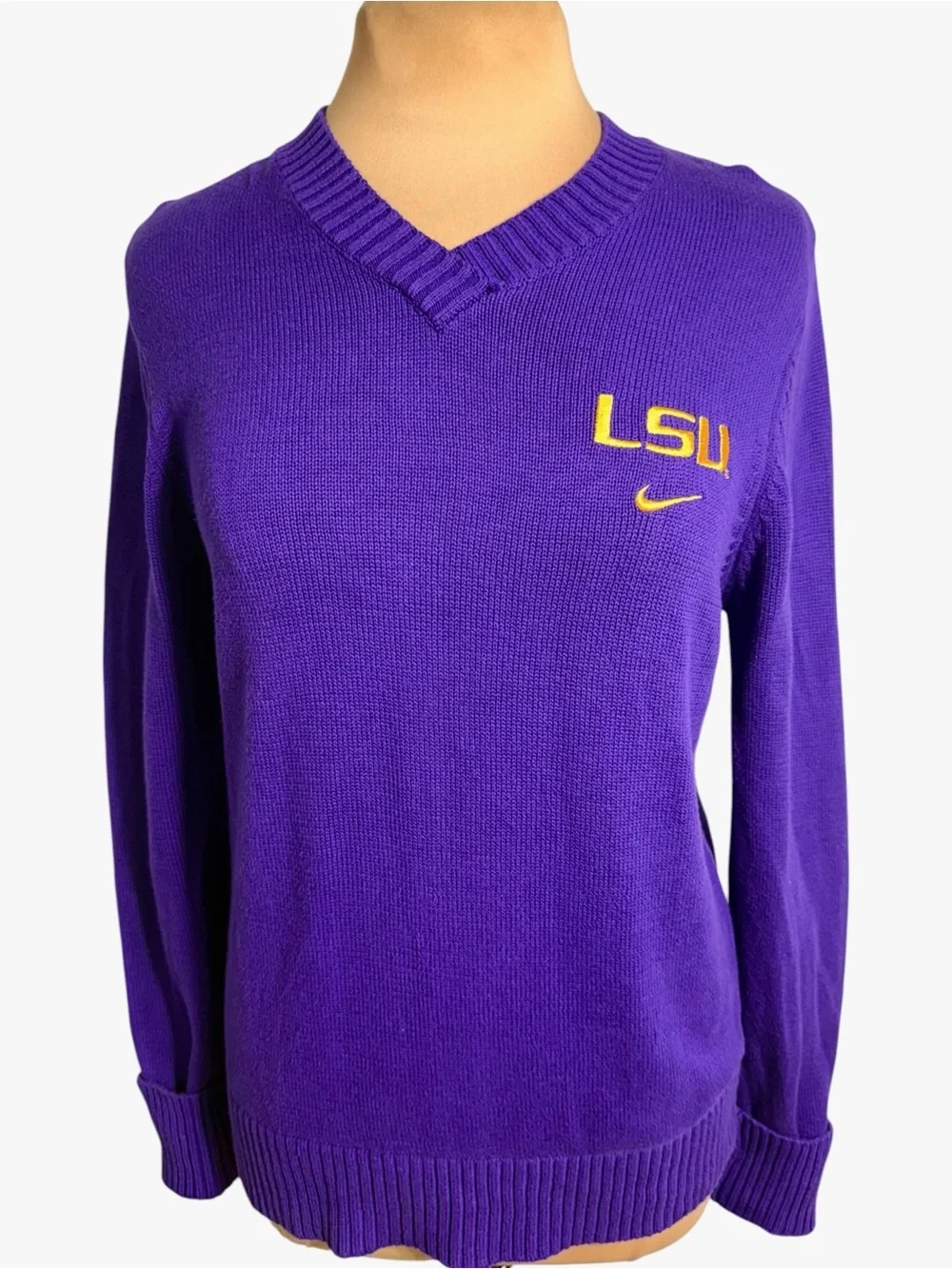 Vintage 2004 Nike Team LSU Tigers Cotton V-Neck Sweater Purple Gold Large RARE